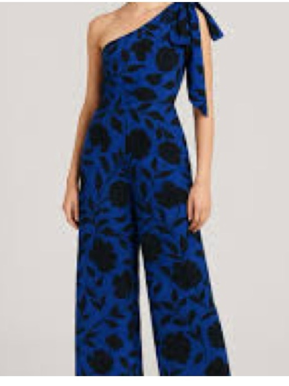 Asymmetric One-Shoulder Blue Floral Wide-Leg Jumpsuit